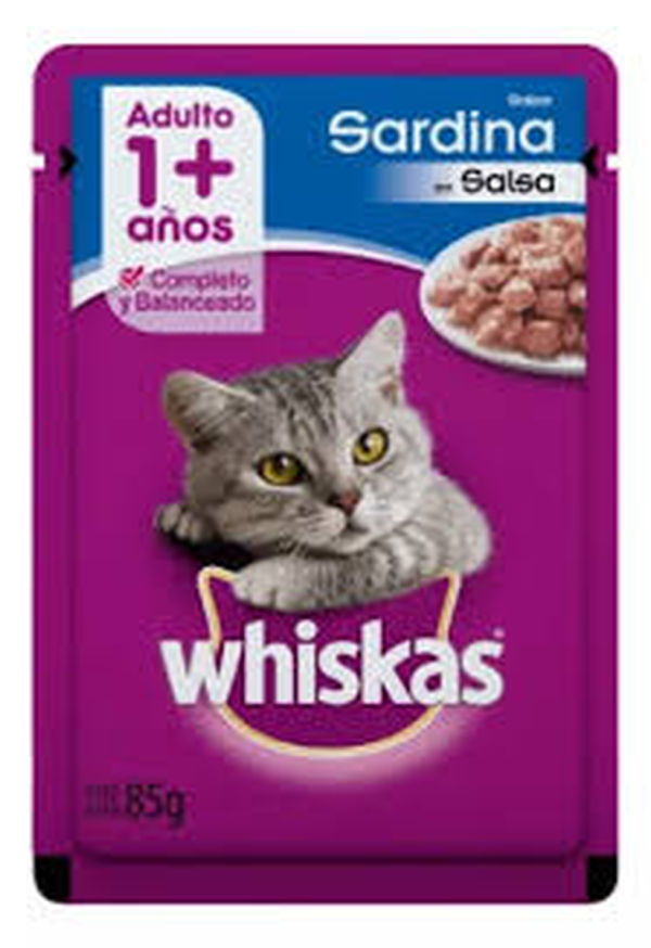 WHISKAS ADULTO 1 + A?OS SABOR SARDINA EN SALSA 85 G.