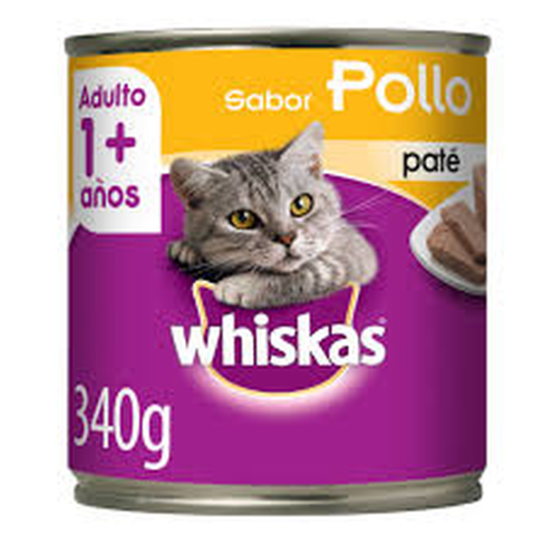 WHISKAS ENLATADAS ADULTO 1 + A?OS SABOR POLLO PATE 340 G.