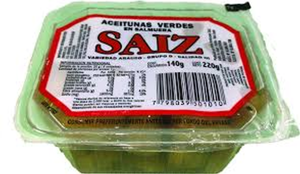 ACEITUNAS VERDES EN SALMUERA SAIZ 220 G.